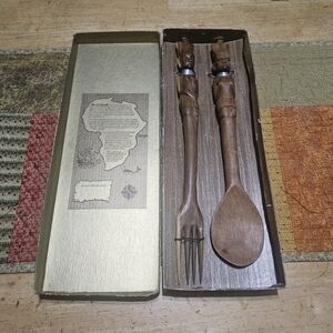 Hand Carved African Tribal Wooden Teak Serving Utensils 15” Set